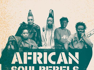 At the top in green reads 'Music Beyond Mainstream presents' next in red with blue stars at the star and end 'Les Amazones d’Afrique' 'Gasper Nali' ''N’famady Kouyaté'. Below is a green tone image of Les Amazones d’Afrique, Gasper Nali, and N’famady Kouyaté on a cream background. Below them reads 'African Soul Rebels' at the very bottom is logos for MBM (Music Beyond Mainstream), National Lottery, and Arts Council England.