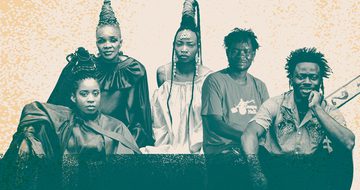 A green tone image of Les Amazones d’Afrique, Gasper Nali, and N’famady Kouyaté on a cream background