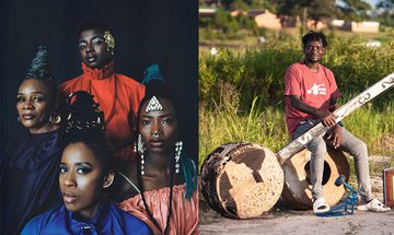A split image of the band Les Amazones d’Afrique on the left, four black women of various ages with striking make-up and hair, with bright tops. On the left is Gasper Nali, a black man in casual clothes, sat outside on a drum holding his babatoni, a very large instrument that looks similar to a guitar but with only one string. It has a round body, the same size as the drum he's sat on, and a long thin neck that looks like an old fence post