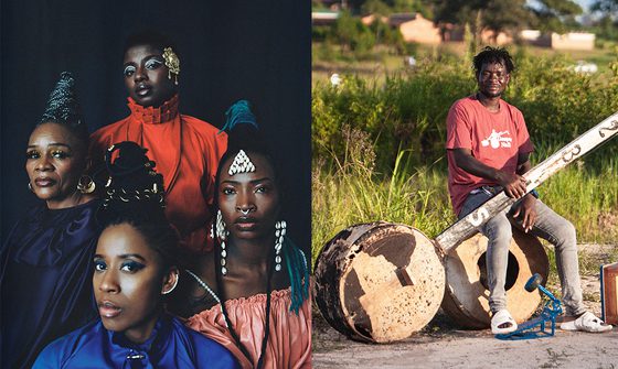 A split image of the band Les Amazones d’Afrique on the left, four black women of various ages with striking make-up and hair, with bright tops. On the left is Gasper Nali, a black man in casual clothes, sat outside on a drum holding his babatoni, a very large instrument that looks similar to a guitar but with only one string. It has a round body, the same size as the drum he's sat on, and a long thin neck that looks like an old fence post