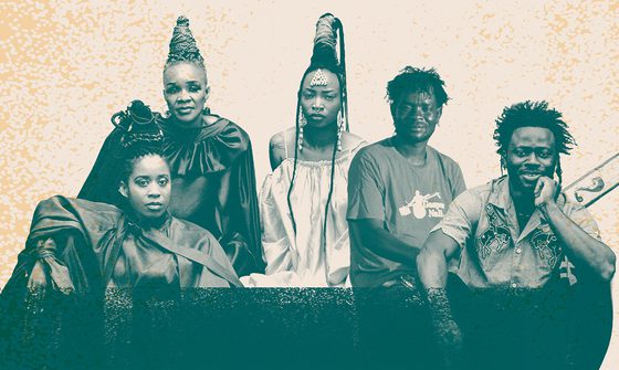 A green tone image of Les Amazones d’Afrique, Gasper Nali, and N’famady Kouyaté on a cream background