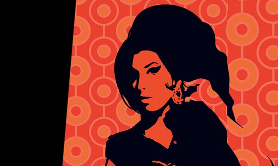 A silhouette of Amy Winehouse on a red 60s inspired background