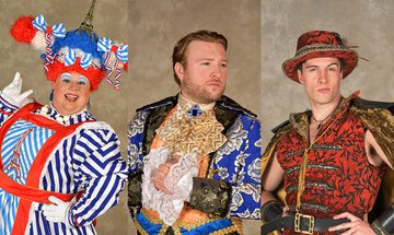 Richard J Hunt as Polly La Plonk, Aaron Pryce-Lewis as The Prince, and Rory McCollum as Hugo Pompidou