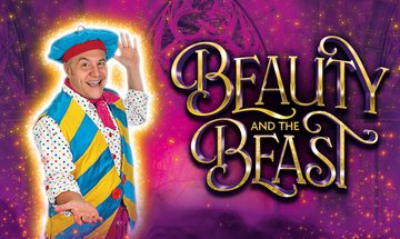 Chris Pizzey as Louis La Plonk, is dressed in a busy blue, yellow and red French-inspired costume. He holds his arms open to his side, showing off the golden title of Beauty and the Beast. The background is of a grand window with a purple filter over it and covered in glittering stars.