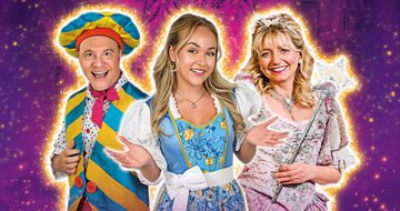 Chris Pizzey as Louis La Plonk, Ellie Dadd as Belle, and Sarah Jane Buckley as Fairy Bon Bon, on a purple sparkly background