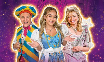 Chris Pizzey as Louis La Plonk, Ellie Dadd as Belle, and Sarah Jane Buckley as Fairy Bon Bon, on a purple sparkly background