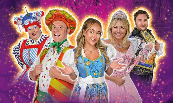 Richard J Hunt as Polly La Plonk, Chris Pizzey as Louis La Plonk, Ellie Dadd as Belle, Sarah Jane Buckley as Fairy Bon Bon, and Aaron Pryce-Lewis as The Prince on a purple sparkly background
