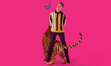 Chris Packham in black trousers and a yellow, white, and black stripped jersey with his hands behind his back, there is a tiger between his legs and Chris is looking at a blue butterfly near his face. This is on a hot pink background