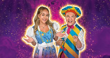 Ellie Dadd, a young white woman with blonde hair dressed as Belle, and Chris Pizzey, an older white man dressed as Louis La Plonk