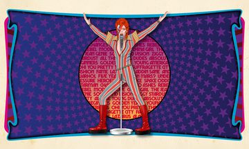 A illustration of David Bowie in a striped jumpsuit with his arms in the air and microphone in front of him on a purple background that resembles a scroll and a pink circle behind full of words