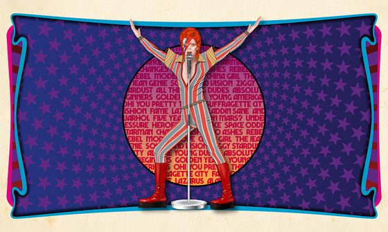 A illustration of David Bowie in a striped jumpsuit with his arms in the air and microphone in front of him on a purple background that resembles a scroll and a pink circle behind full of words