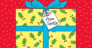 A yellow present with a holly pattern, it's wrapped in a blue ribbon and has a tag reading 'From Santa'. The background is red with white polka dots.