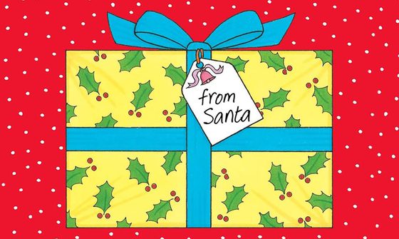 A yellow present with a holly pattern, it's wrapped in a blue ribbon and has a tag reading 'From Santa'. The background is red with white polka dots.