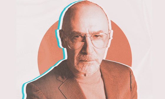 Graham Parker in a pale orange hue with a matching circle behind him and a blue outline down his left side