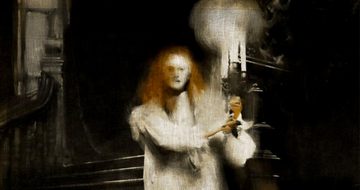 A painting of a scary looking ghostly girl walking down a staircase in a white night gown holding a candelabra