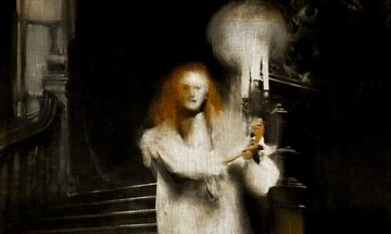 A painting of a scary looking ghostly girl walking down a staircase in a white night gown holding a candelabra