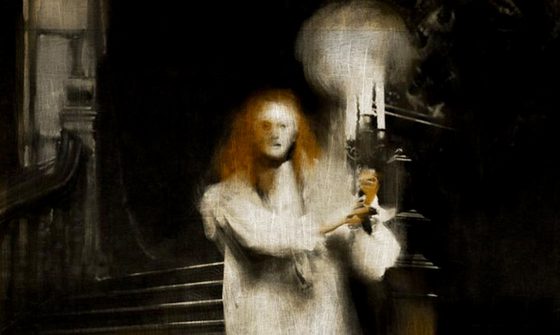 A painting of a scary looking ghostly girl walking down a staircase in a white night gown holding a candelabra