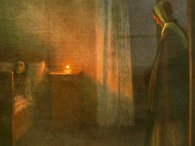 An old painting of a nurse stood at the very right looking down at a young girl asleep in bed on the very left. There is a candle lit on the bed side table