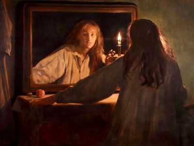 A painting of a girl at a dresser in a night gown staring scared into a mirror on top. She is lit by the candle is is holding. She is starring directly at you