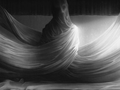 A black and white painting of a figure wrapped in sheets