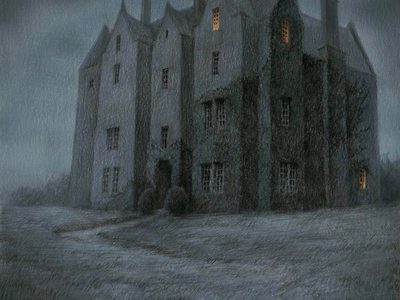 An illustration of a creepy old manor house on a hill at night. Two third floor windows are lit as is one ground floor
