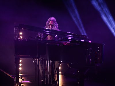 Lit by blue and purple light Adam Wakeman can be seen playing piano on stage