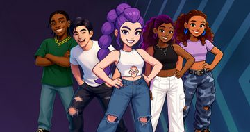 A group of five cartoon people. At the front is a girl with purple hair in a high braid resembling Rumi from K-Pop Demon Hunters, to her left is an Asian guy and a black guy, to her right is two black girls