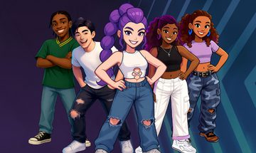 A group of five cartoon people. At the front is a girl with purple hair in a high braid resembling Rumi from K-Pop Demon Hunters, to her left is an Asian guy and a black guy, to her right is two black girls