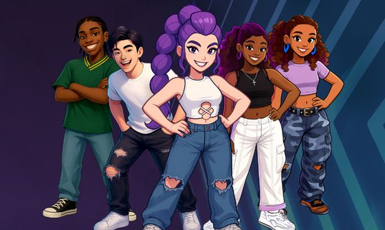A group of five cartoon people. At the front is a girl with purple hair in a high braid resembling Rumi from K-Pop Demon Hunters, to her left is an Asian guy and a black guy, to her right is two black girls