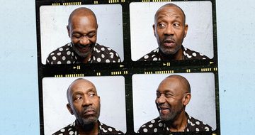 A square of four photos of Lenny Henry on a piece of film all looking at each other smiling. He is in a black shirt with large white dots