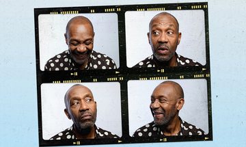 A square of four photos of Lenny Henry on a piece of film all looking at each other smiling. He is in a black shirt with large white dots