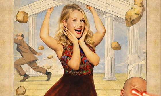 A cartoon of Lucy in a red dress, she had four arms - two are cupping her chin as she smiles and the other who are holding up marble pillars. Behind her a man runs away and rocks smash and in front of her is a man with red laser eyes.