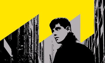 A graphic illustration of a man looking behind him over his shoulder, a collage of buildings are before him and a yellow block of colour representing the sky