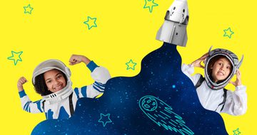 Two kids in astronaut costumes behind the cosmic trail being left by the toy rocket above them on a yellow background with hand drawn blue stars and a meteor