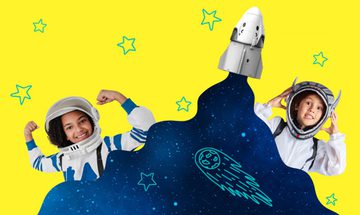 Two kids in astronaut costumes behind the cosmic trail being left by the toy rocket above them on a yellow background with hand drawn blue stars and a meteor