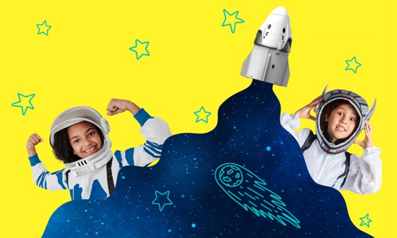 Two kids in astronaut costumes behind the cosmic trail being left by the toy rocket above them on a yellow background with hand drawn blue stars and a meteor