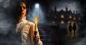 Two hazy images side by side: a shocked woman holding a candle beside dimly lit steps, with a faintly glowing window above; and two children walking towards a brightly lit house beneath a cloudy sky.