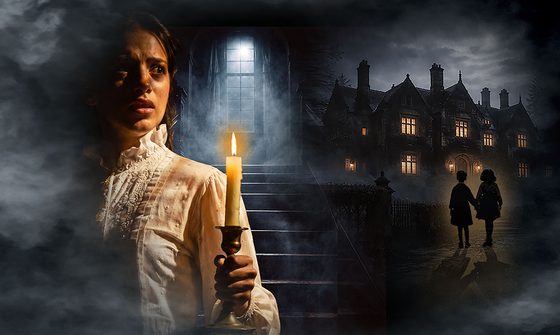 Two hazy images side by side: a shocked woman holding a candle beside dimly lit steps, with a faintly glowing window above; and two children walking towards a brightly lit house beneath a cloudy sky.