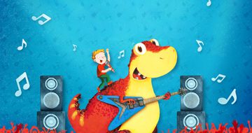 A small cartoon boy in a red t-shirt stands on the back of an orange and yellow smiling dinosaur. The boy sings into a microphone while the dinosaur plays a blue guitar.