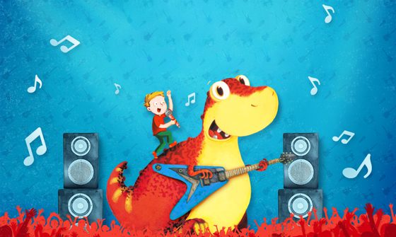 A small cartoon boy in a red t-shirt stands on the back of an orange and yellow smiling dinosaur. The boy sings into a microphone while the dinosaur plays a blue guitar.