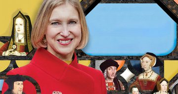 Tracy Borman is a red coat smiling at the camera on a colourful background with Tudor style woodwork surrounded by historical Tudor figures