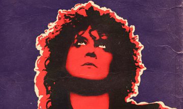 Red, purple and white artwork on crinkled paper of a man with long, thick, curly hair, who is looking up to the sky above him