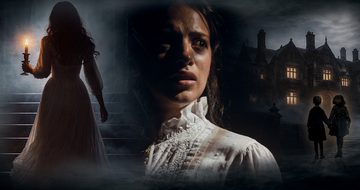 Three hazy images arranged side by side: a woman in a long white dress climbing a staircase while holding a candle; a close‑up of a woman’s shocked face; two children walking towards a brightly lit house beneath a cloudy sky.