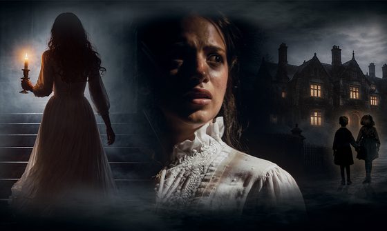 Three hazy images arranged side by side: a woman in a long white dress climbing a staircase while holding a candle; a close‑up of a woman’s shocked face; two children walking towards a brightly lit house beneath a cloudy sky.