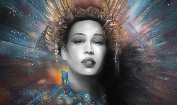 A paint style artwork of Rebecca Ferguson with a gold flower and feather crown on her head