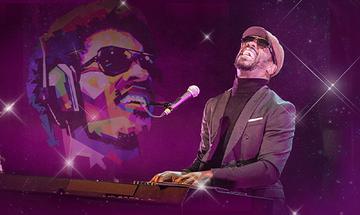 A multi-coloured pop art style image of Stevie Wonder in the background, with a man playing a keyboard and singing into a microphone, taking on Stevie Wonder