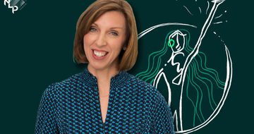 Dr Louise Newson, a white woman with brown hair in a bob, wears a dark blue patterned top and smiles. Behind her is an illustration of a woman in green and white.