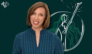 Dr Louise Newson, a white woman with brown hair in a bob, wears a dark blue patterned top and smiles. Behind her is an illustration of a woman in green and white.