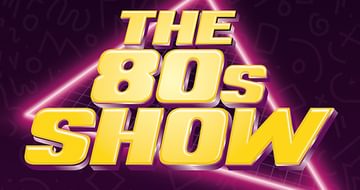 Bright yellow text reading "The 80s Show" is set against a vibrant purple background. A glowing pink triangle adds a retro, nostalgic feel