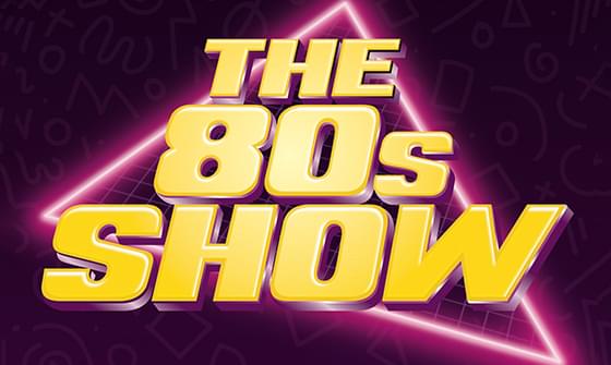 Bright yellow text reading "The 80s Show" is set against a vibrant purple background. A glowing pink triangle adds a retro, nostalgic feel